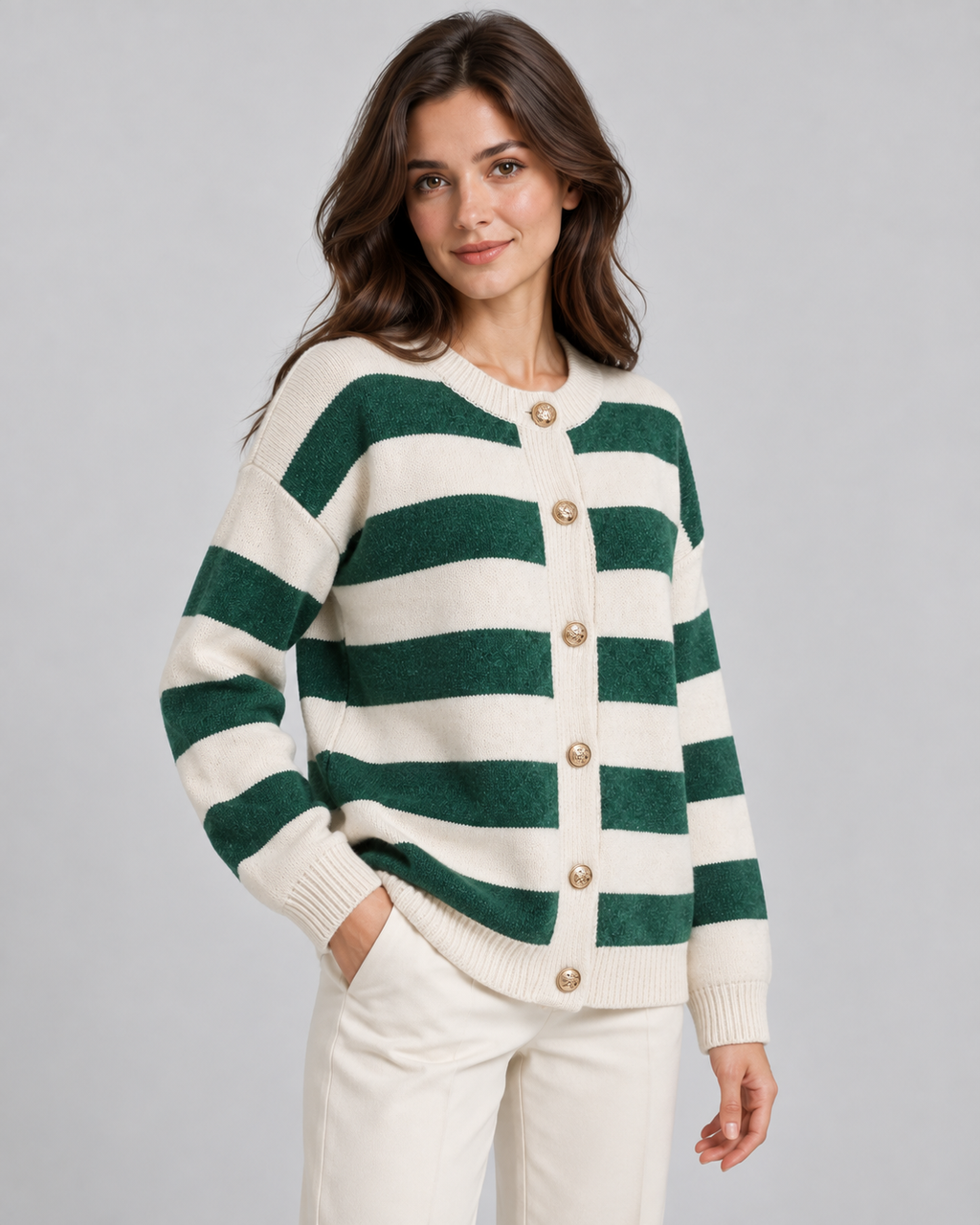 Women's Striped Crewneck Cardigan – Gold Button Relaxed Knit Sweater