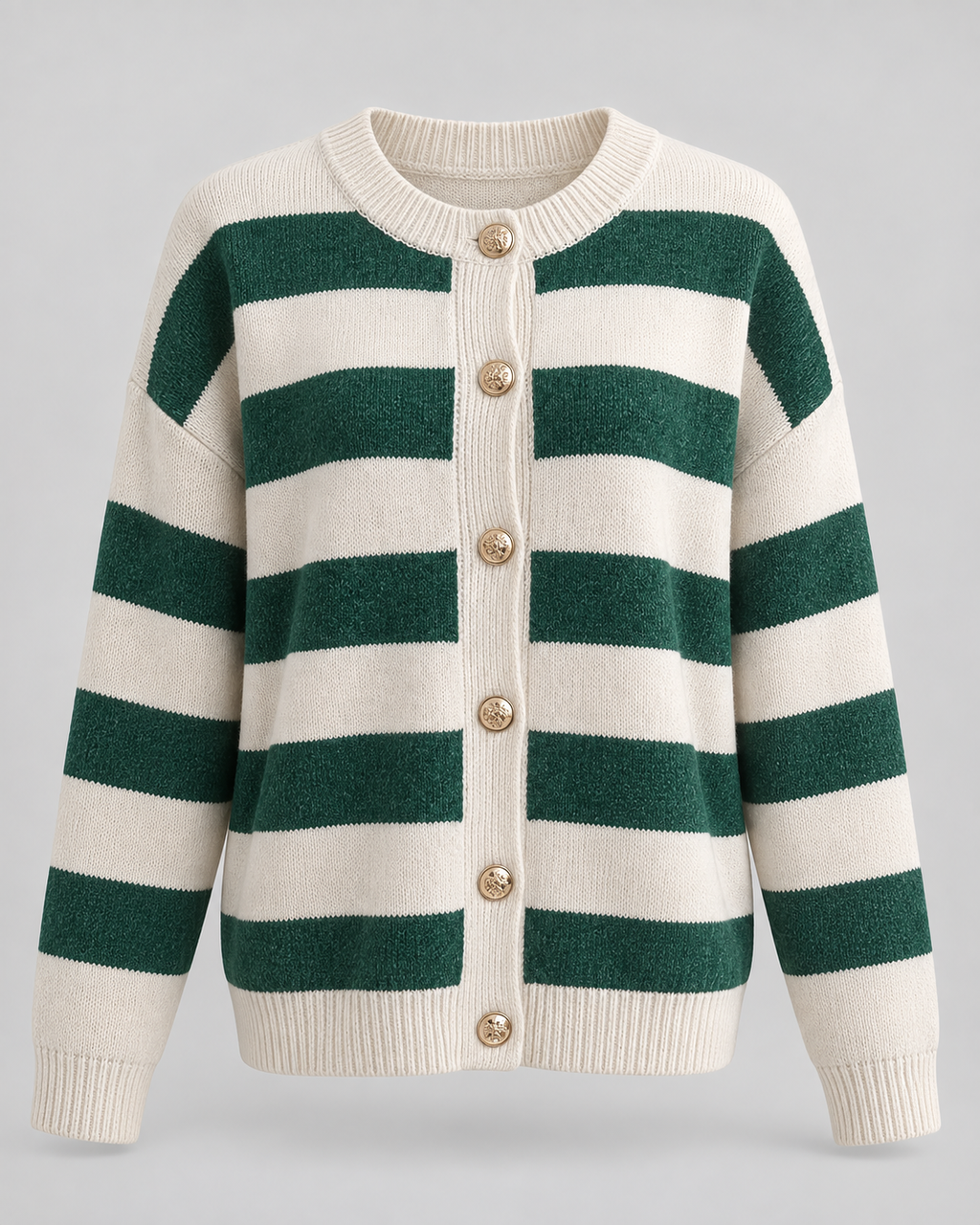 Women's Striped Crewneck Cardigan – Gold Button Relaxed Knit Sweater