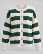 Women's Striped Crewneck Cardigan – Gold Button Relaxed Knit Sweater