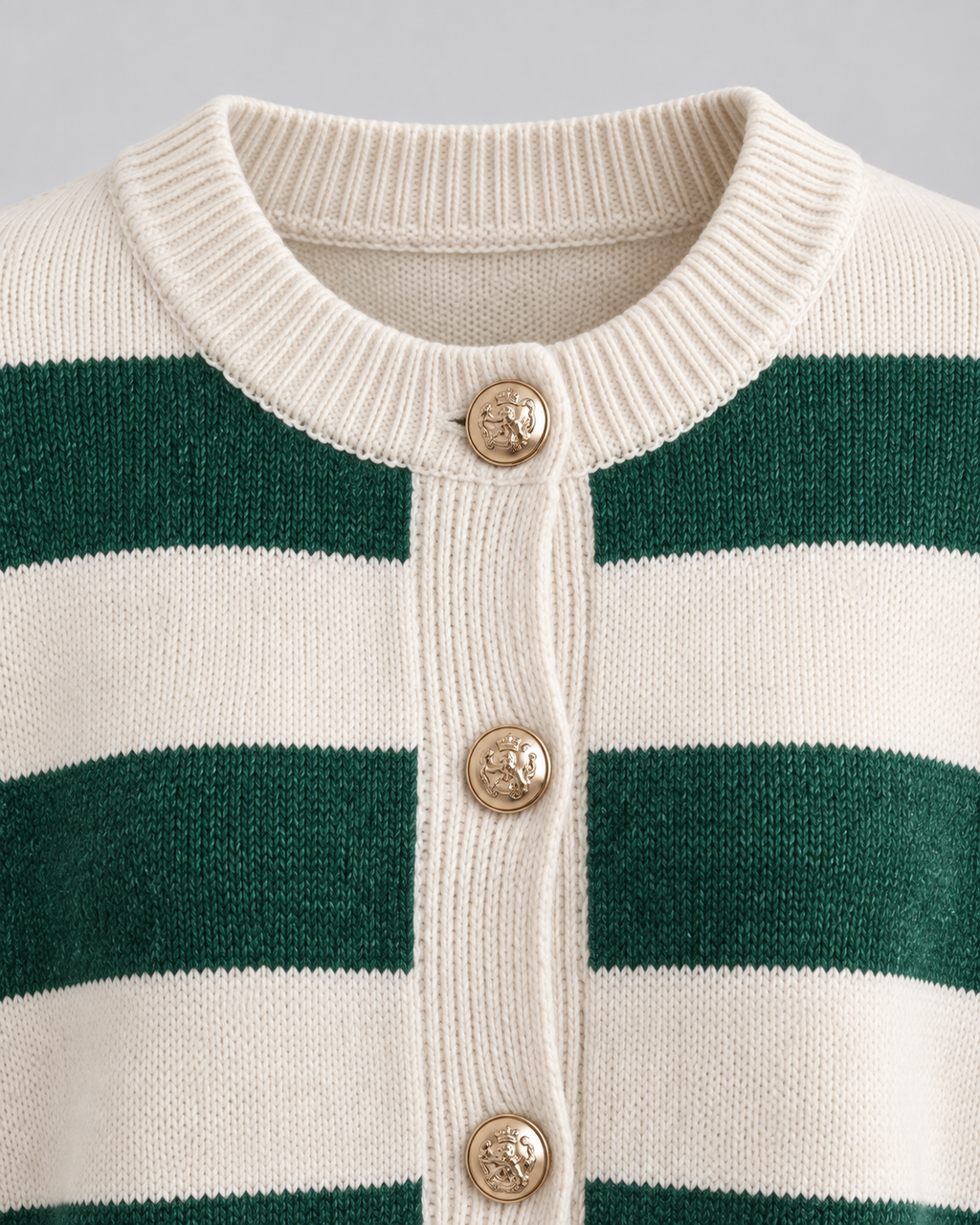 Women's Striped Crewneck Cardigan – Gold Button Relaxed Knit Sweater