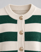 Women's Striped Crewneck Cardigan – Gold Button Relaxed Knit Sweater
