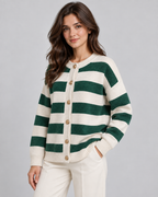 Women's Striped Crewneck Cardigan – Gold Button Relaxed Knit Sweater