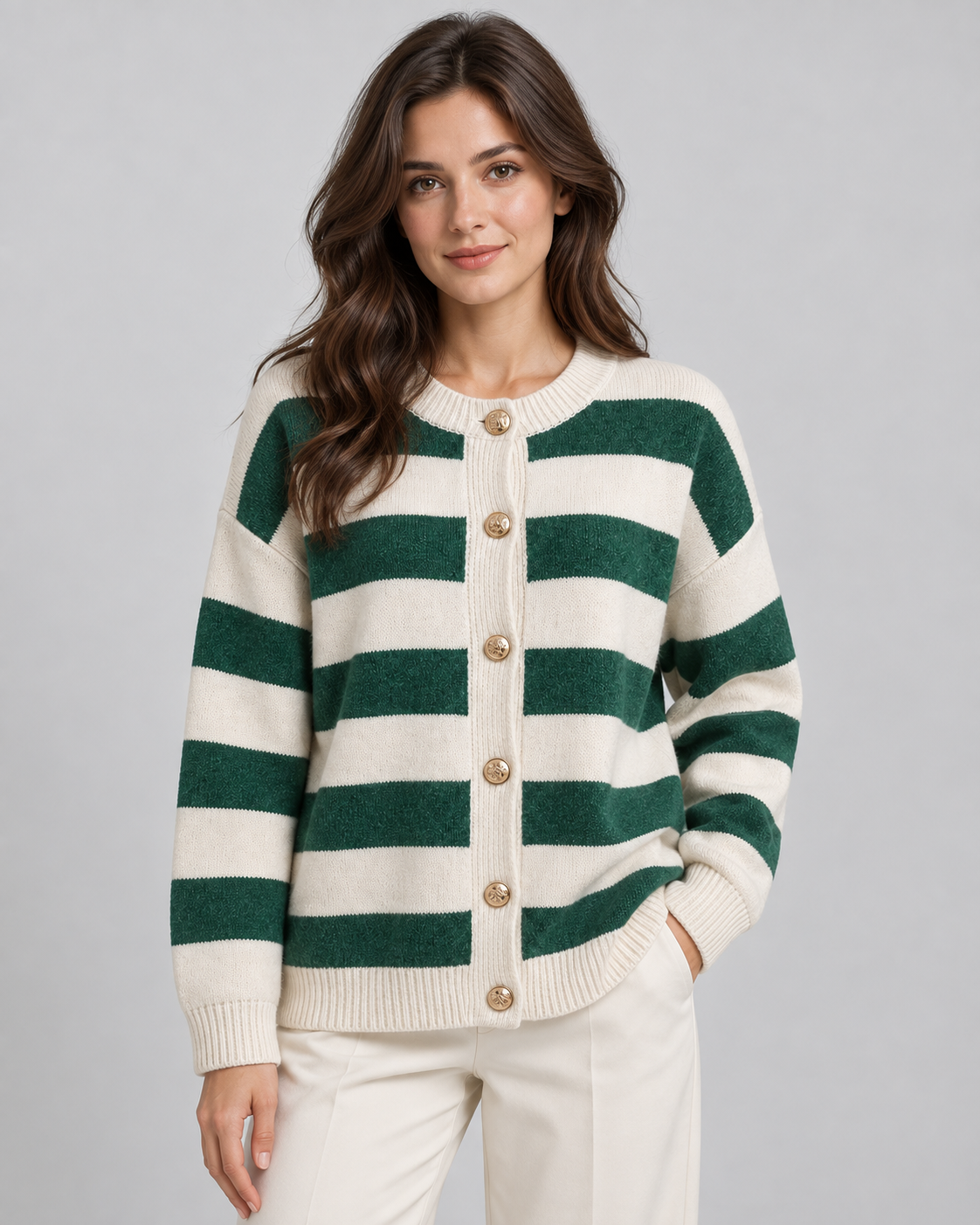 Women's Striped Crewneck Cardigan – Gold Button Relaxed Knit Sweater