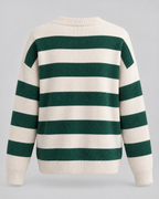 Women's Striped Crewneck Cardigan – Gold Button Relaxed Knit Sweater