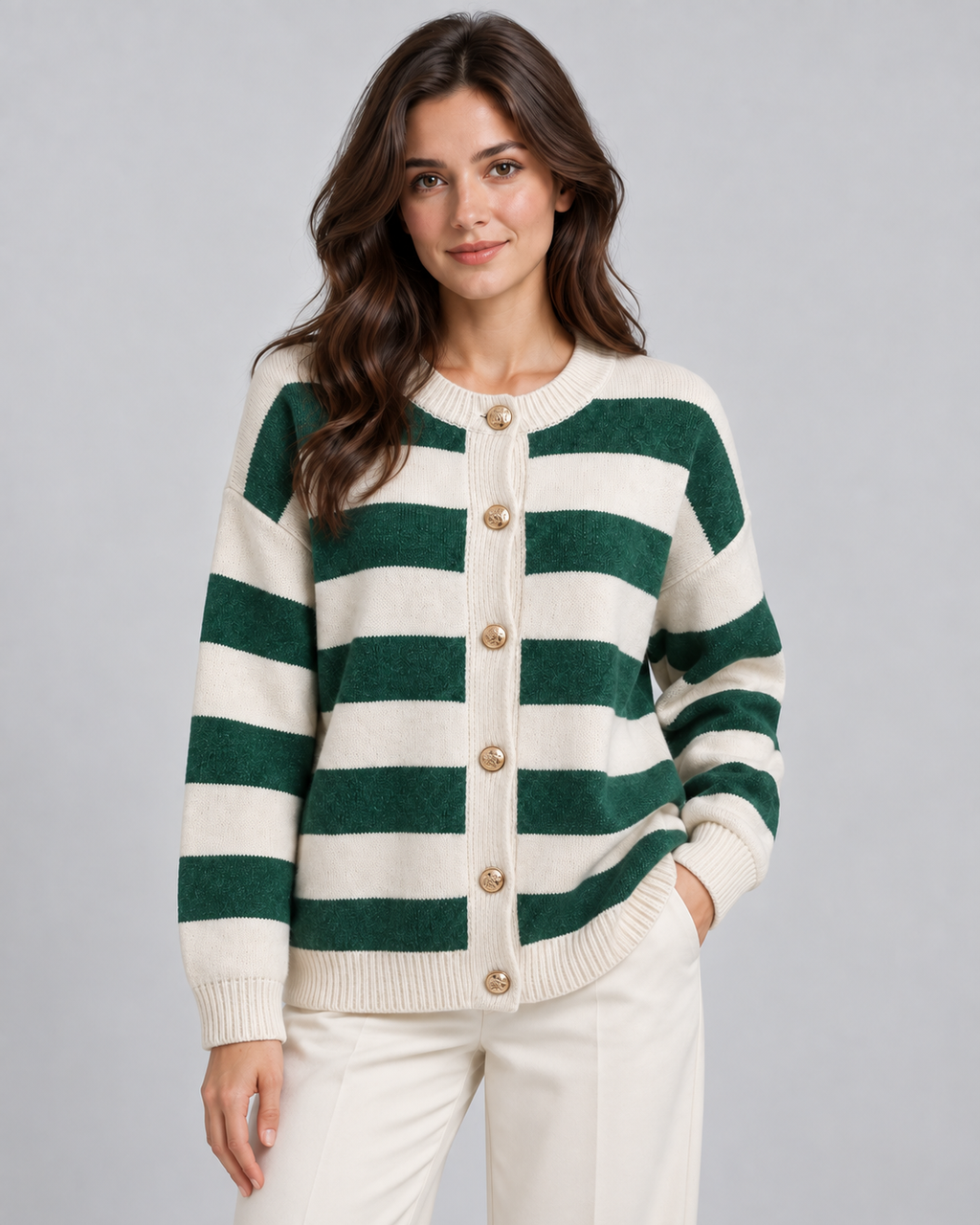 Women's Striped Crewneck Cardigan – Gold Button Relaxed Knit Sweater