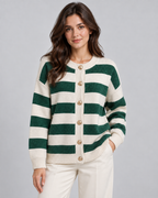 Women's Striped Crewneck Cardigan – Gold Button Relaxed Knit Sweater