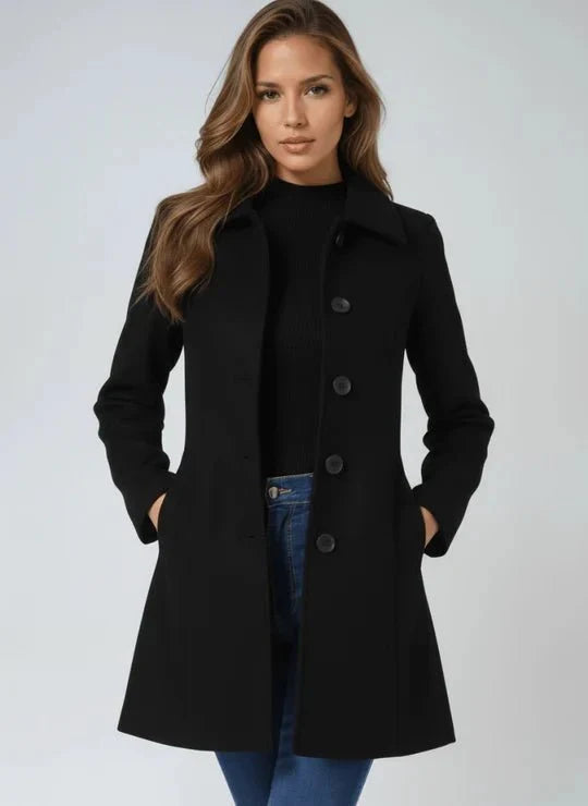 Women's Notched Collar Overcoat – Tailored Button-Front Winter Coat with Pockets