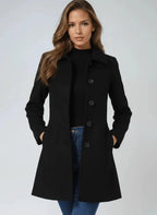 Women's Notched Collar Overcoat – Tailored Button-Front Winter Coat with Pockets
