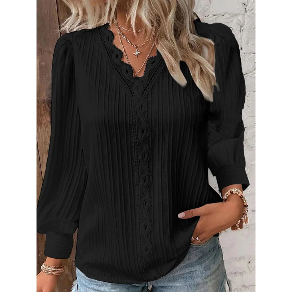 Textured Relaxed Blouse with Lace V-Neck and Cuffed Sleeves for Women
