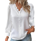 Textured Relaxed Blouse with Lace V-Neck and Cuffed Sleeves for Women