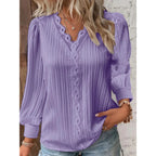 Textured Relaxed Blouse with Lace V-Neck and Cuffed Sleeves for Women