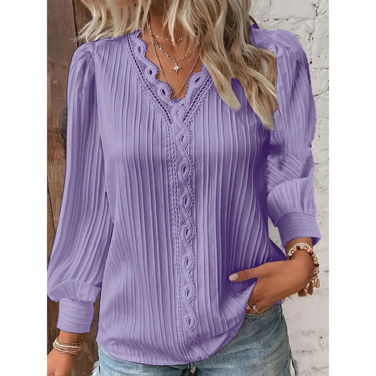 Textured Relaxed Blouse with Lace V-Neck and Cuffed Sleeves for Women