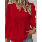 Textured Relaxed Blouse with Lace V-Neck and Cuffed Sleeves for Women