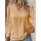 Textured Relaxed Blouse with Lace V-Neck and Cuffed Sleeves for Women