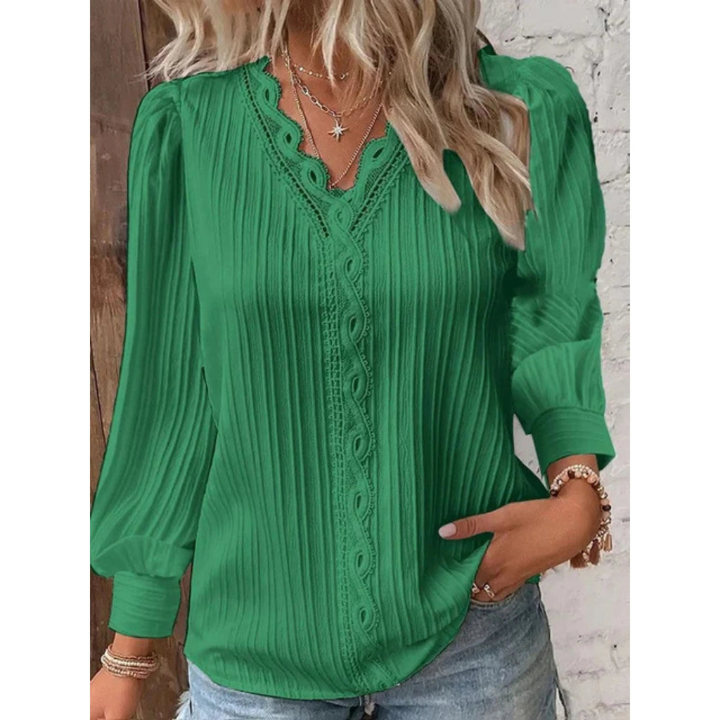 Textured Relaxed Blouse with Lace V-Neck and Cuffed Sleeves for Women