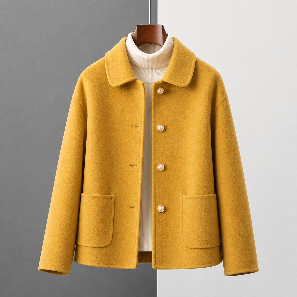 Women's Cropped Button-Front Coat – Rounded Collar Single-Breasted Jacket