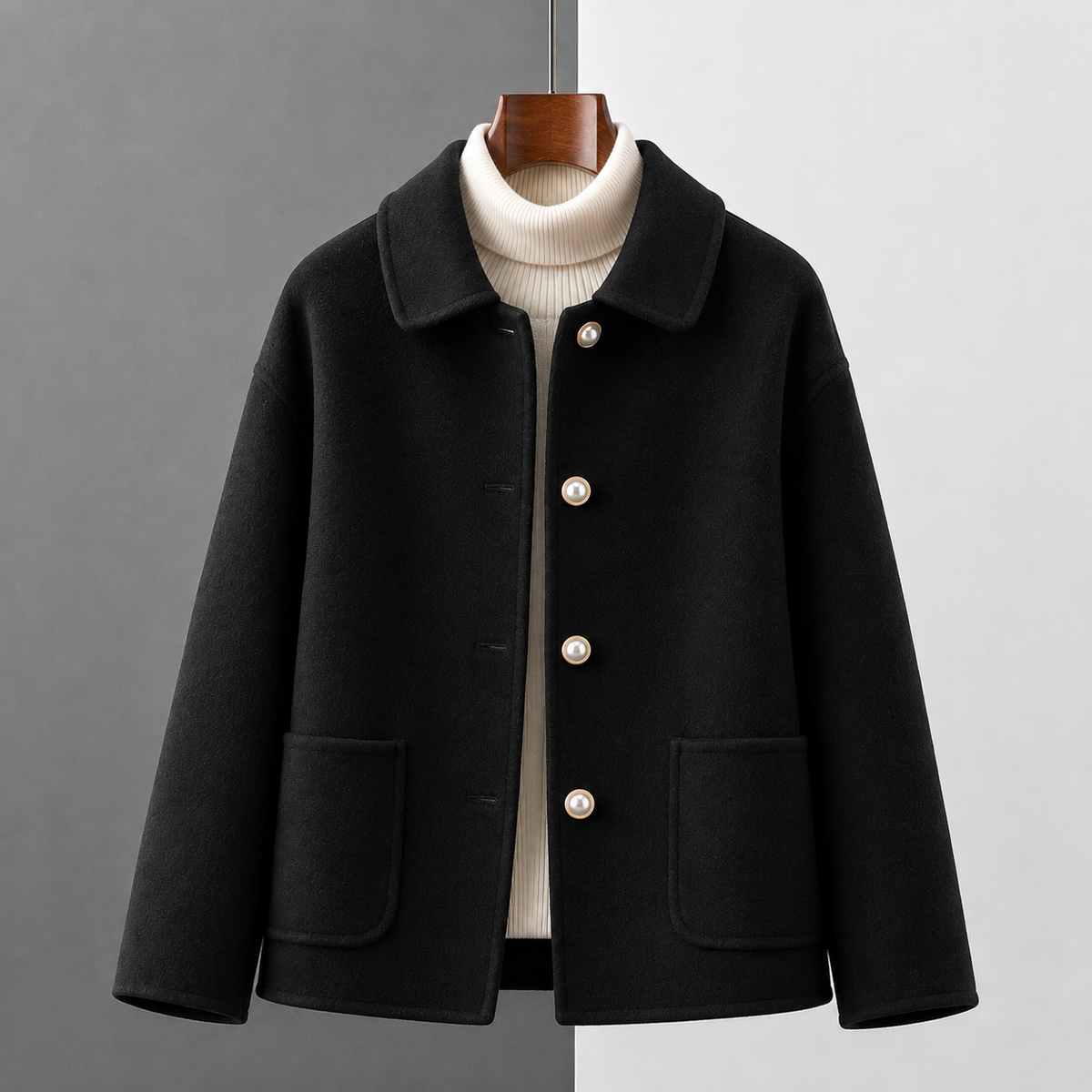 Women's Cropped Button-Front Coat – Rounded Collar Single-Breasted Jacket