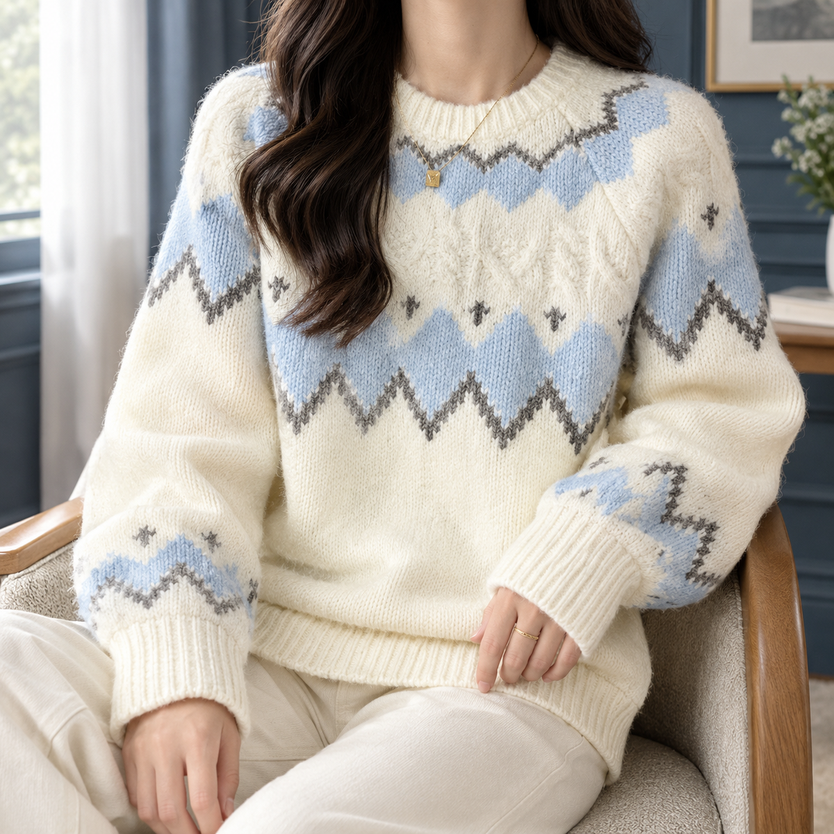 Wren | Women Fair Isle Cable Knit Balloon Sleeve Sweater