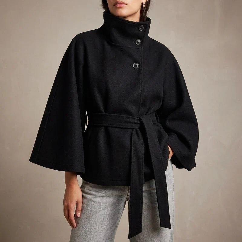 Women's Belted Cape Jacket – Cropped Stand Collar Jacket with Tie Waist