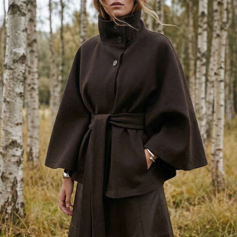 Women's Belted Cape Jacket – Cropped Stand Collar Jacket with Tie Waist