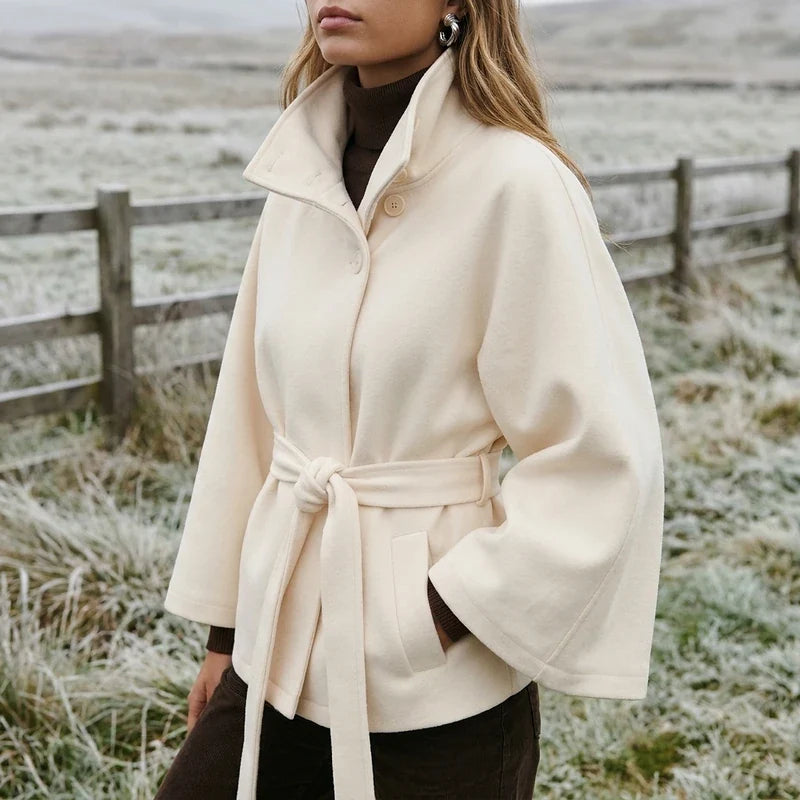 Women's Belted Cape Jacket – Cropped Stand Collar Jacket with Tie Waist