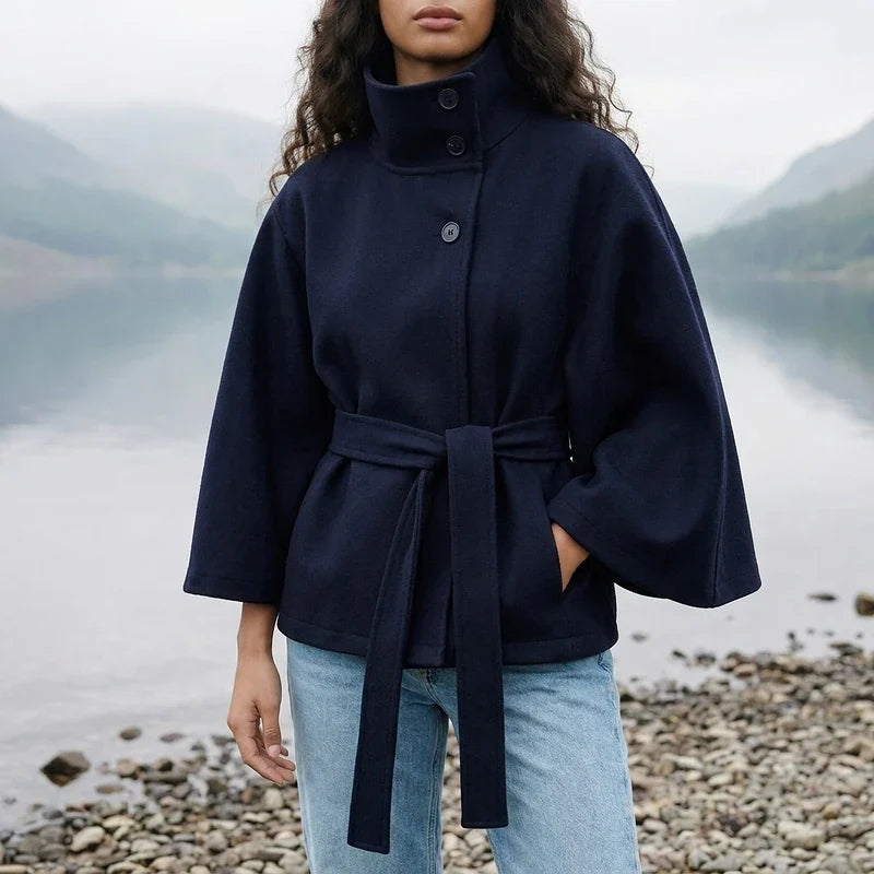 Women's Belted Cape Jacket – Cropped Stand Collar Jacket with Tie Waist