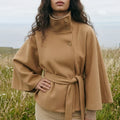 Women's Belted Cape Jacket – Cropped Stand Collar Jacket with Tie Waist