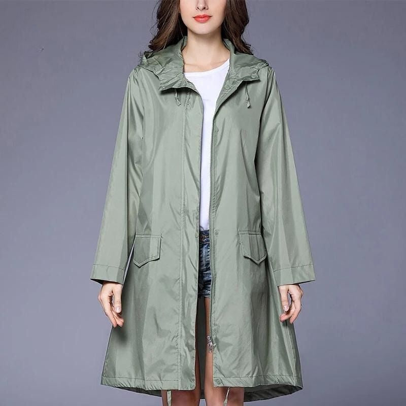 Women's Sleek Waterproof Hooded Raincoat - Mid-Thigh Casual Rain Jacket