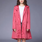 Women's Sleek Waterproof Hooded Raincoat - Mid-Thigh Casual Rain Jacket