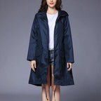 Women's Sleek Waterproof Hooded Raincoat - Mid-Thigh Casual Rain Jacket