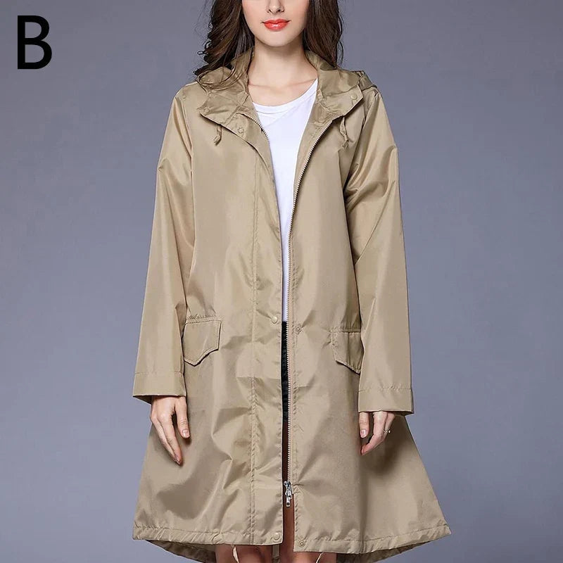 Women's Sleek Waterproof Hooded Raincoat - Mid-Thigh Casual Rain Jacket