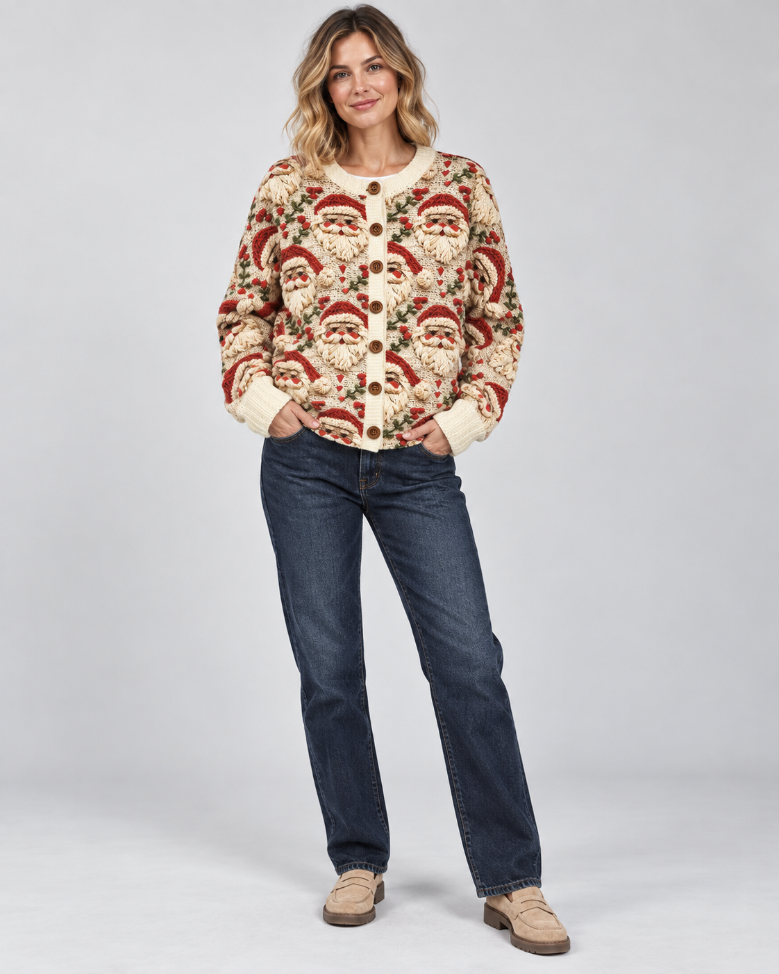 Women's Santa Christmas Cardigan – Holly Knit Button-Front Holiday Sweater