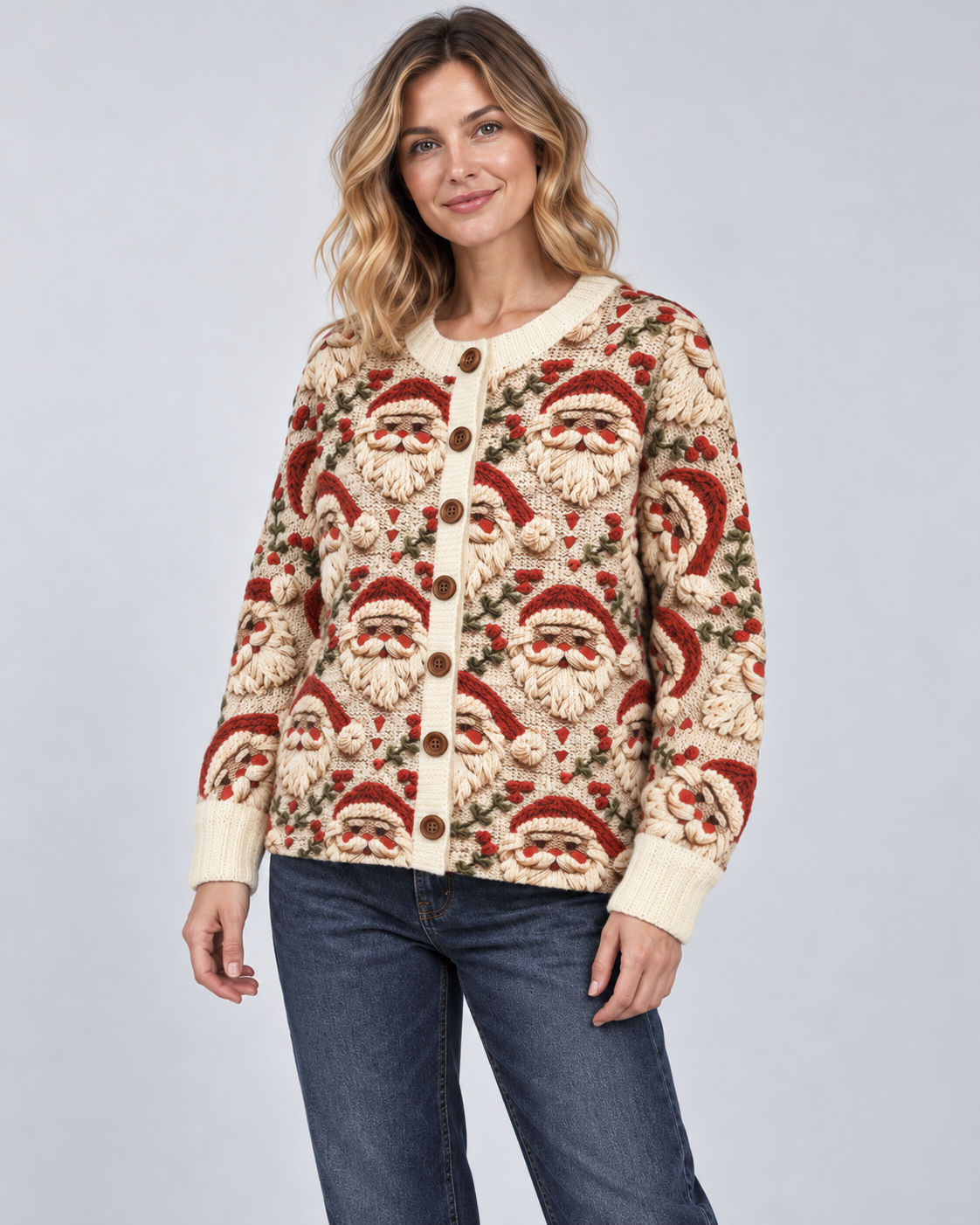 Women's Santa Christmas Cardigan – Holly Knit Button-Front Holiday Sweater
