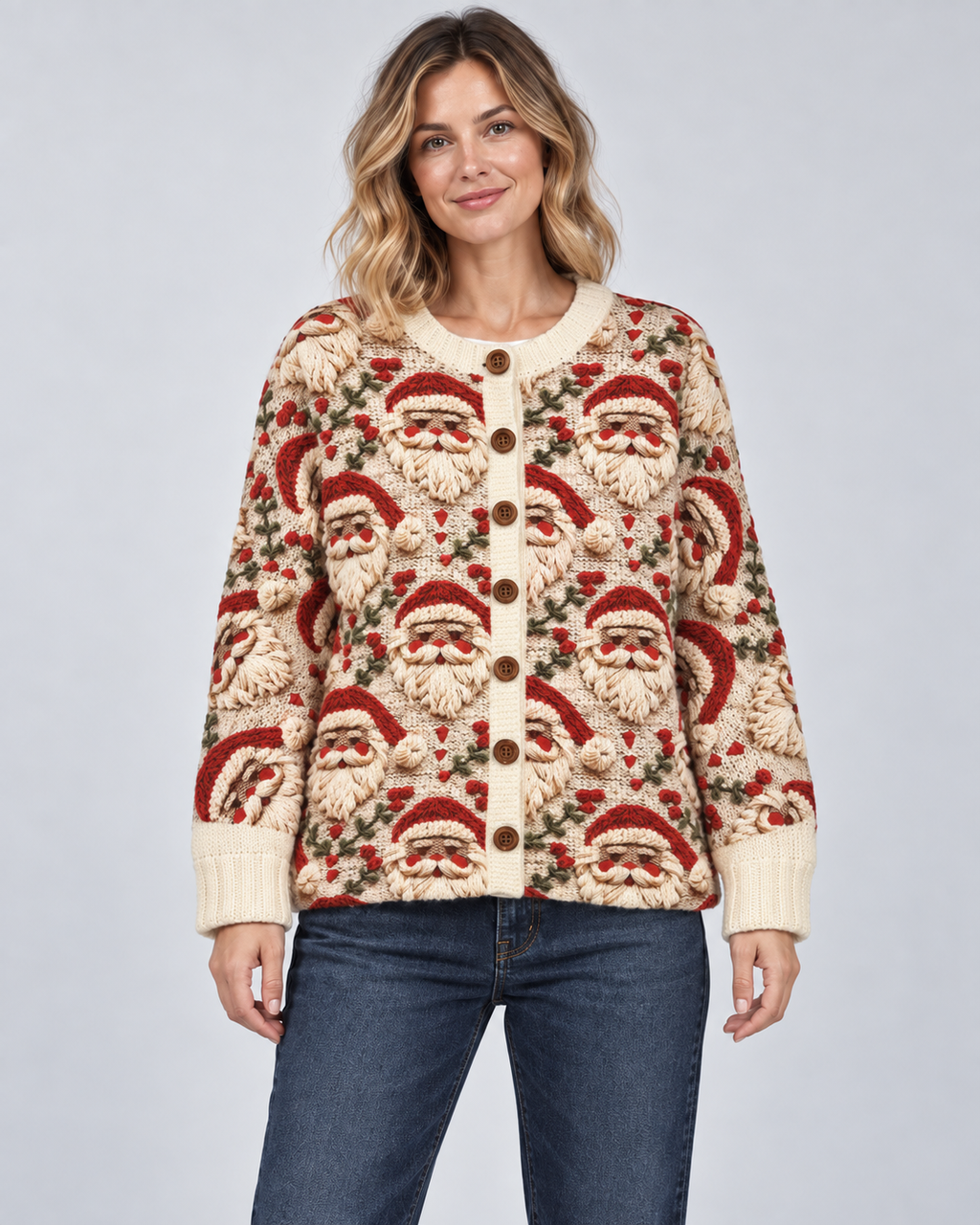 Women's Santa Christmas Cardigan – Holly Knit Button-Front Holiday Sweater