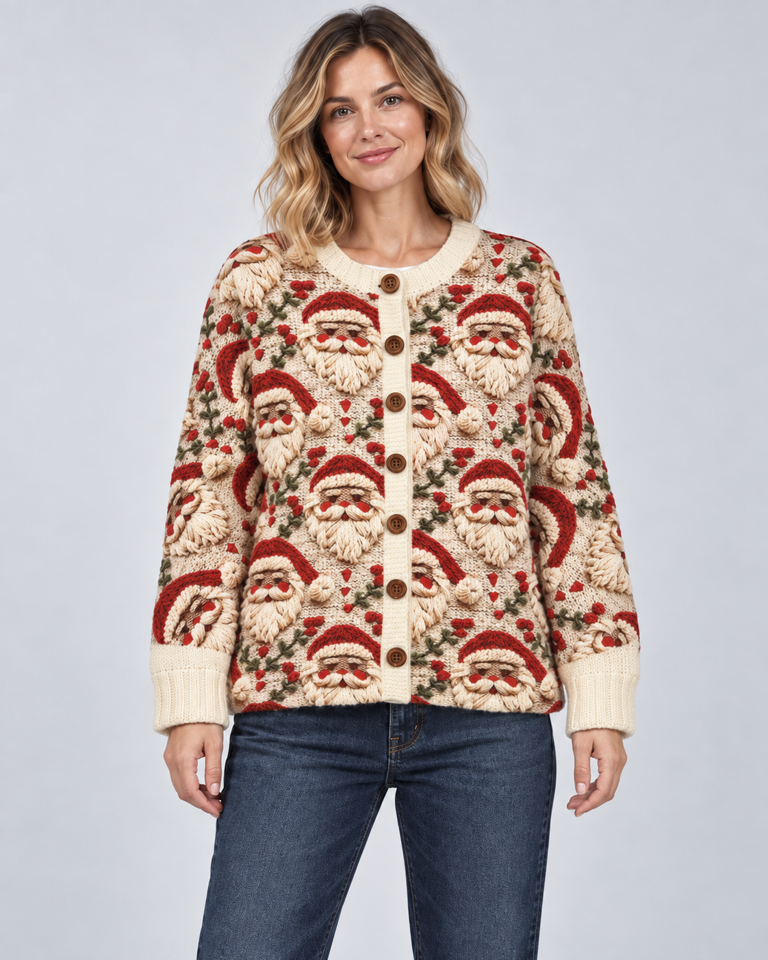 Women's Santa Christmas Cardigan – Holly Knit Button-Front Holiday Sweater