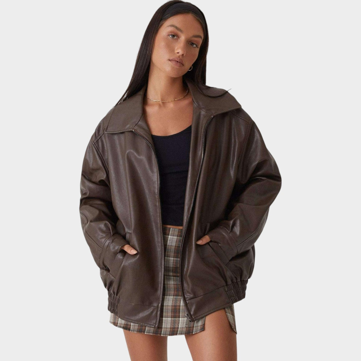 Miriam | Women Oversized Faux Leather Zip Up Bomber Jacket