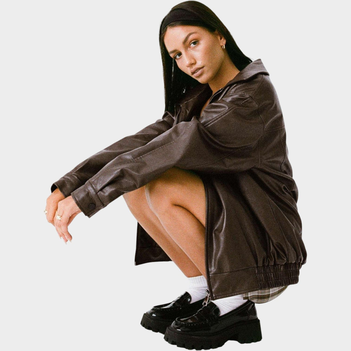 Miriam | Women Oversized Faux Leather Zip Up Bomber Jacket