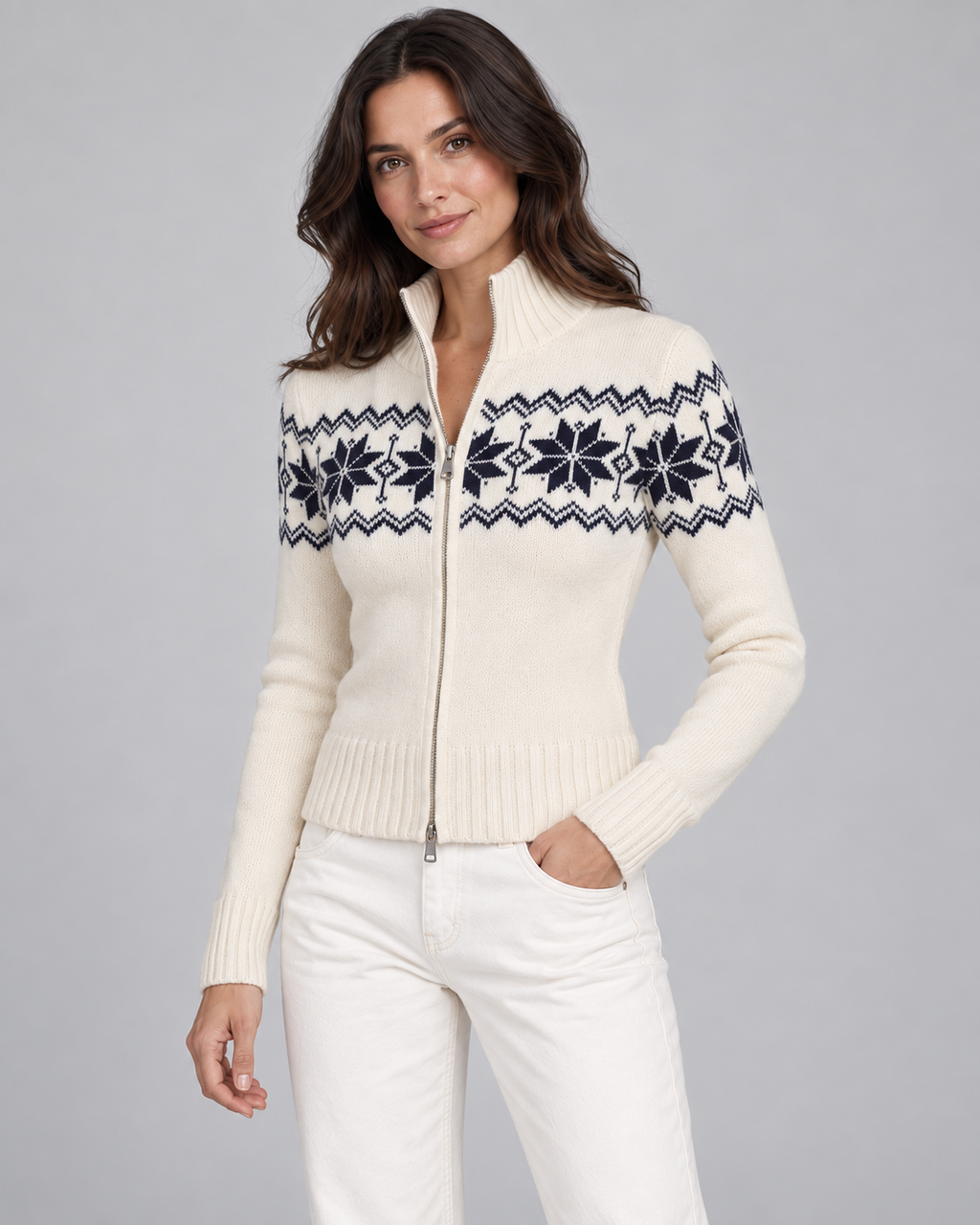Women's Fair Isle Snowflake Zip Cardigan – Funnel Neck Two-Way Zip Knit