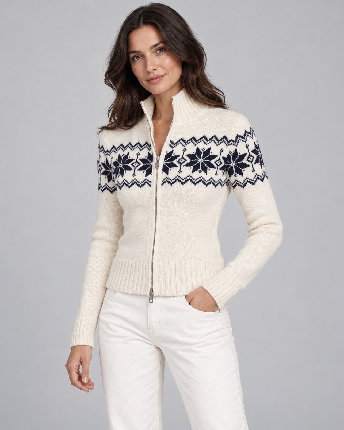 Women's Fair Isle Snowflake Zip Cardigan – Funnel Neck Two-Way Zip Knit