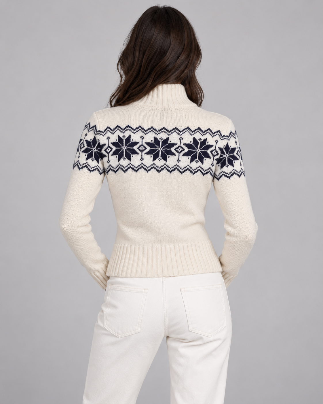 Women's Fair Isle Snowflake Zip Cardigan – Funnel Neck Two-Way Zip Knit