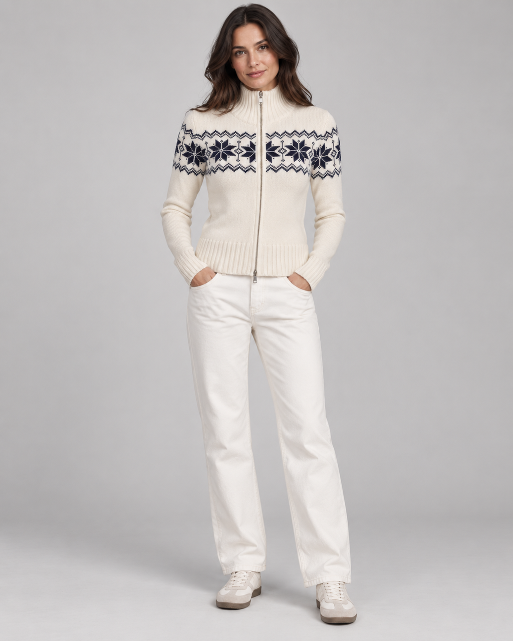Women's Fair Isle Snowflake Zip Cardigan – Funnel Neck Two-Way Zip Knit