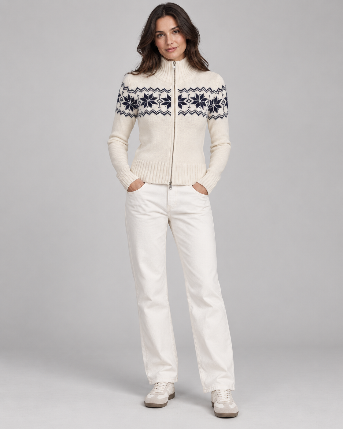 Women's Fair Isle Snowflake Zip Cardigan – Funnel Neck Two-Way Zip Knit