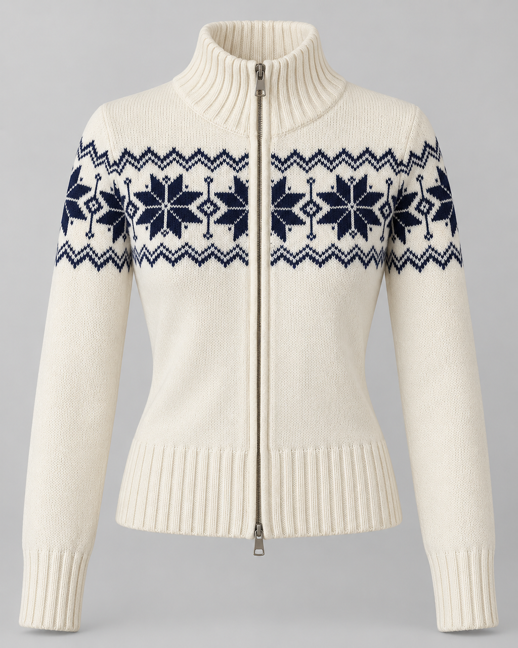 Women's Fair Isle Snowflake Zip Cardigan – Funnel Neck Two-Way Zip Knit