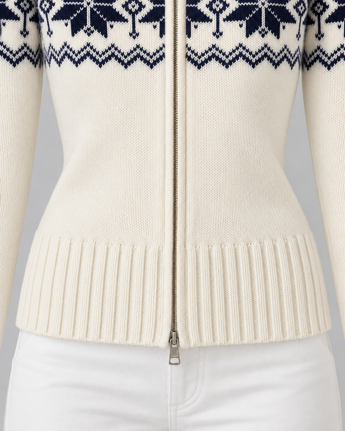 Women's Fair Isle Snowflake Zip Cardigan – Funnel Neck Two-Way Zip Knit