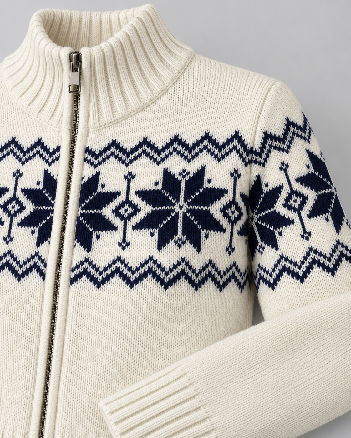 Women's Fair Isle Snowflake Zip Cardigan – Funnel Neck Two-Way Zip Knit