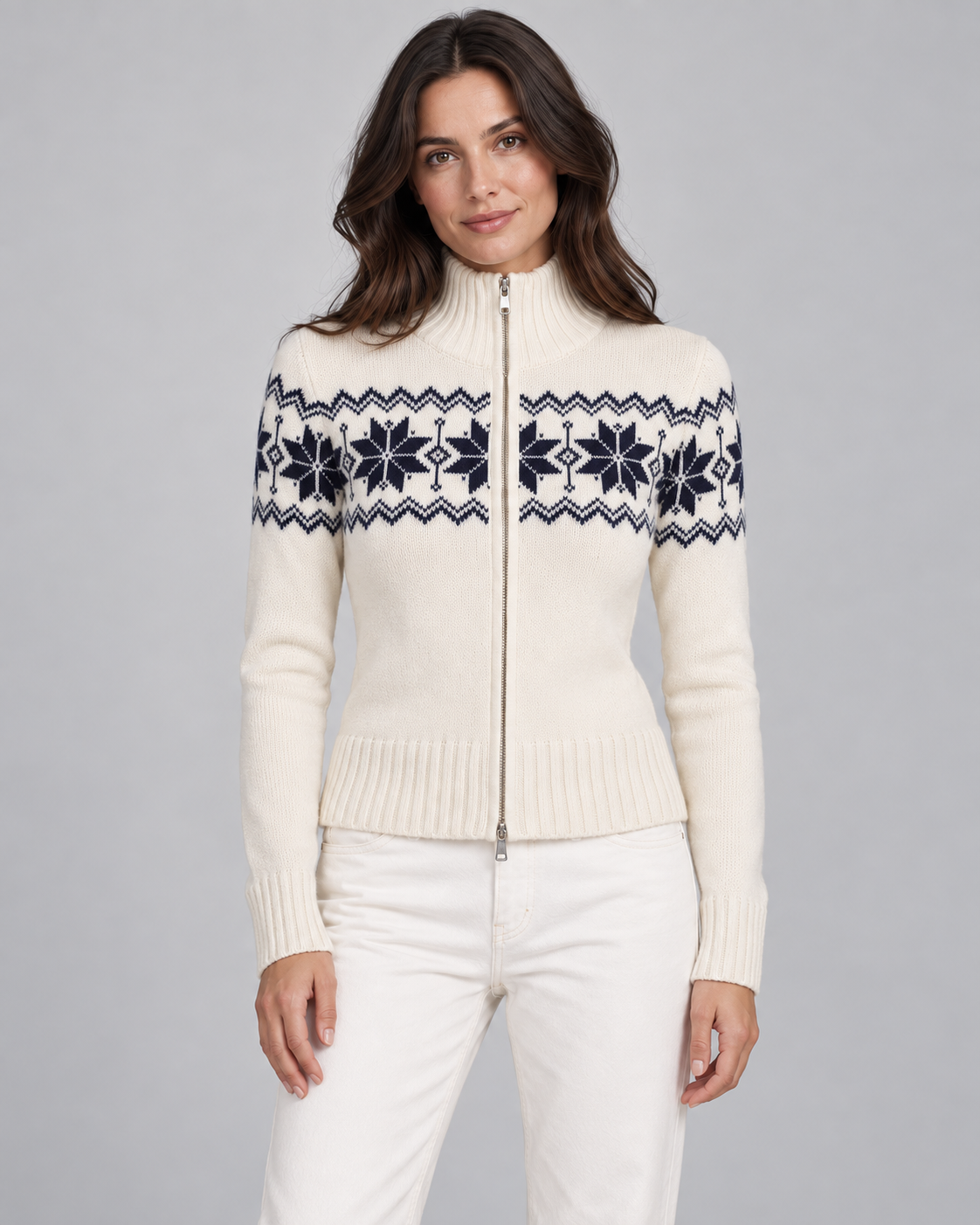 Women's Fair Isle Snowflake Zip Cardigan – Funnel Neck Two-Way Zip Knit