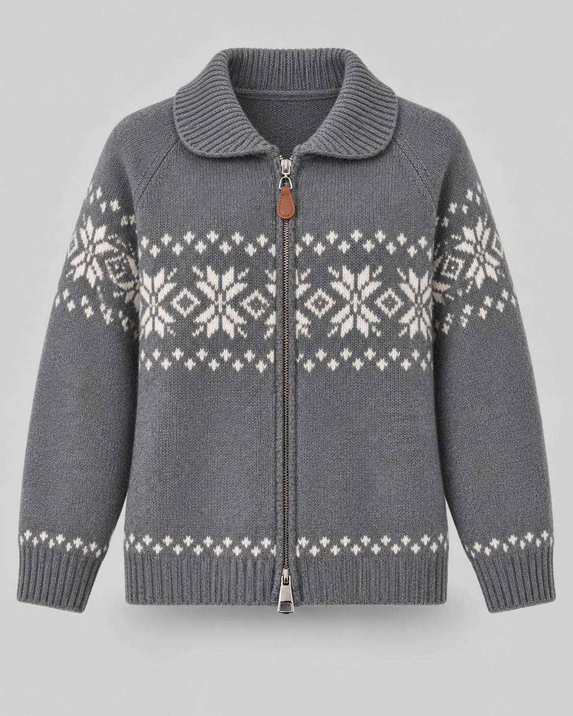 Women's Fair Isle Snowflake Zip-Up Cardigan – Ribbed Collar Two-Way Zip Sweater