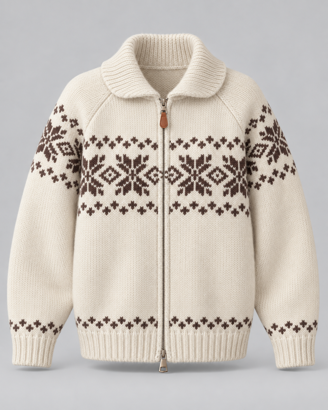 Women's Fair Isle Snowflake Zip-Up Cardigan – Ribbed Collar Two-Way Zip Sweater