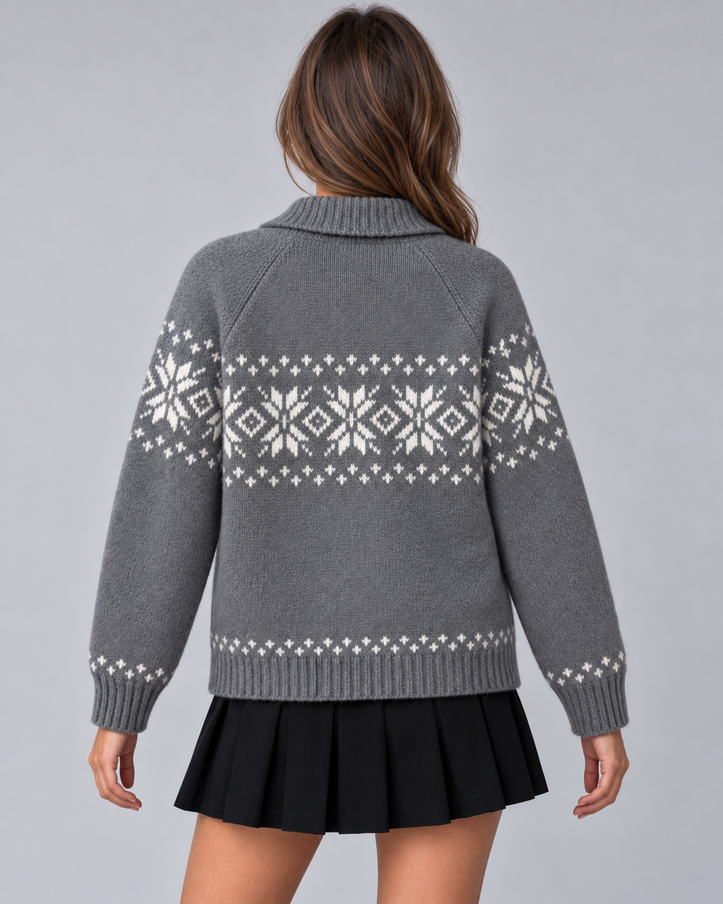 Women's Fair Isle Snowflake Zip-Up Cardigan – Ribbed Collar Two-Way Zip Sweater