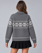 Women's Fair Isle Snowflake Zip-Up Cardigan – Ribbed Collar Two-Way Zip Sweater